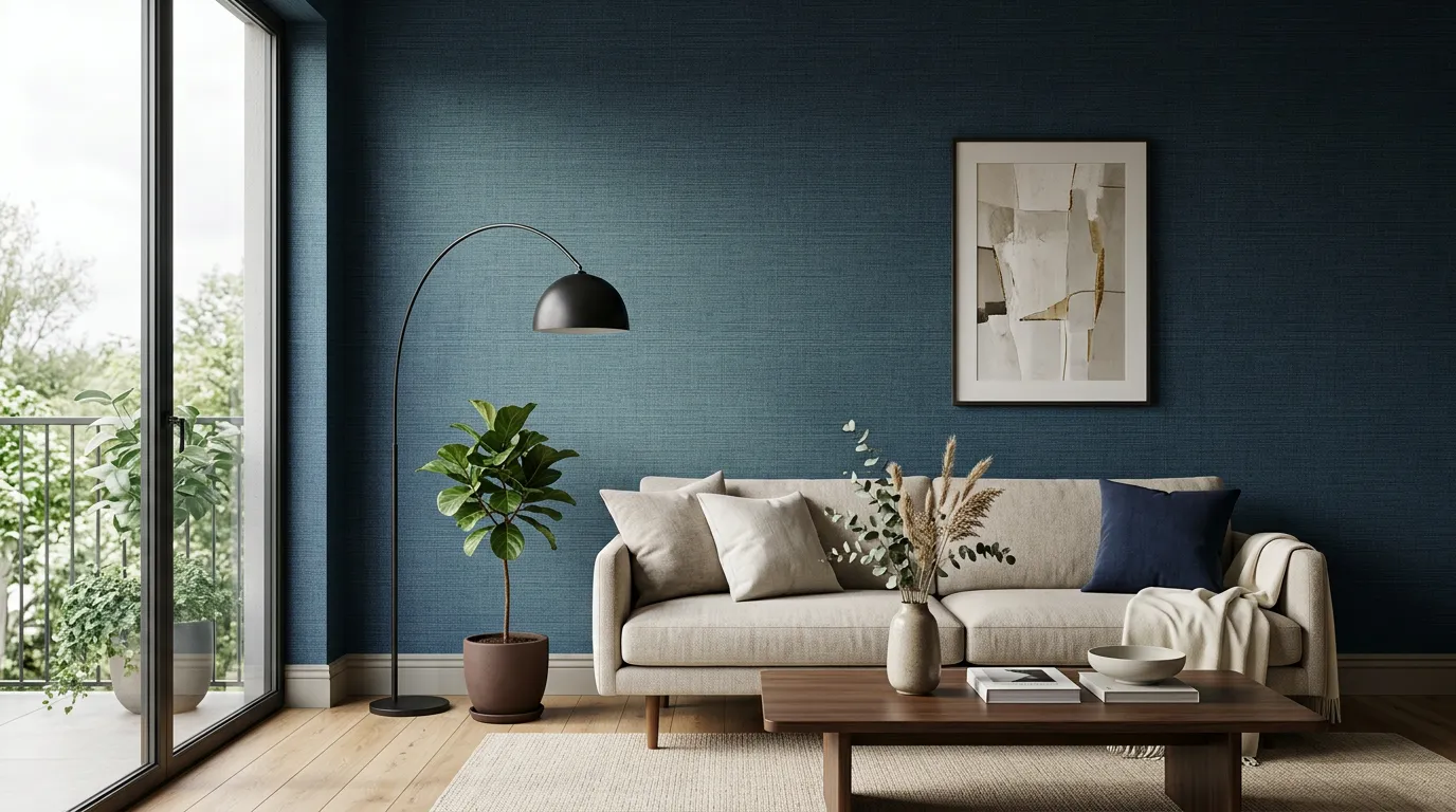Sala com papel de parede azul EduDecor